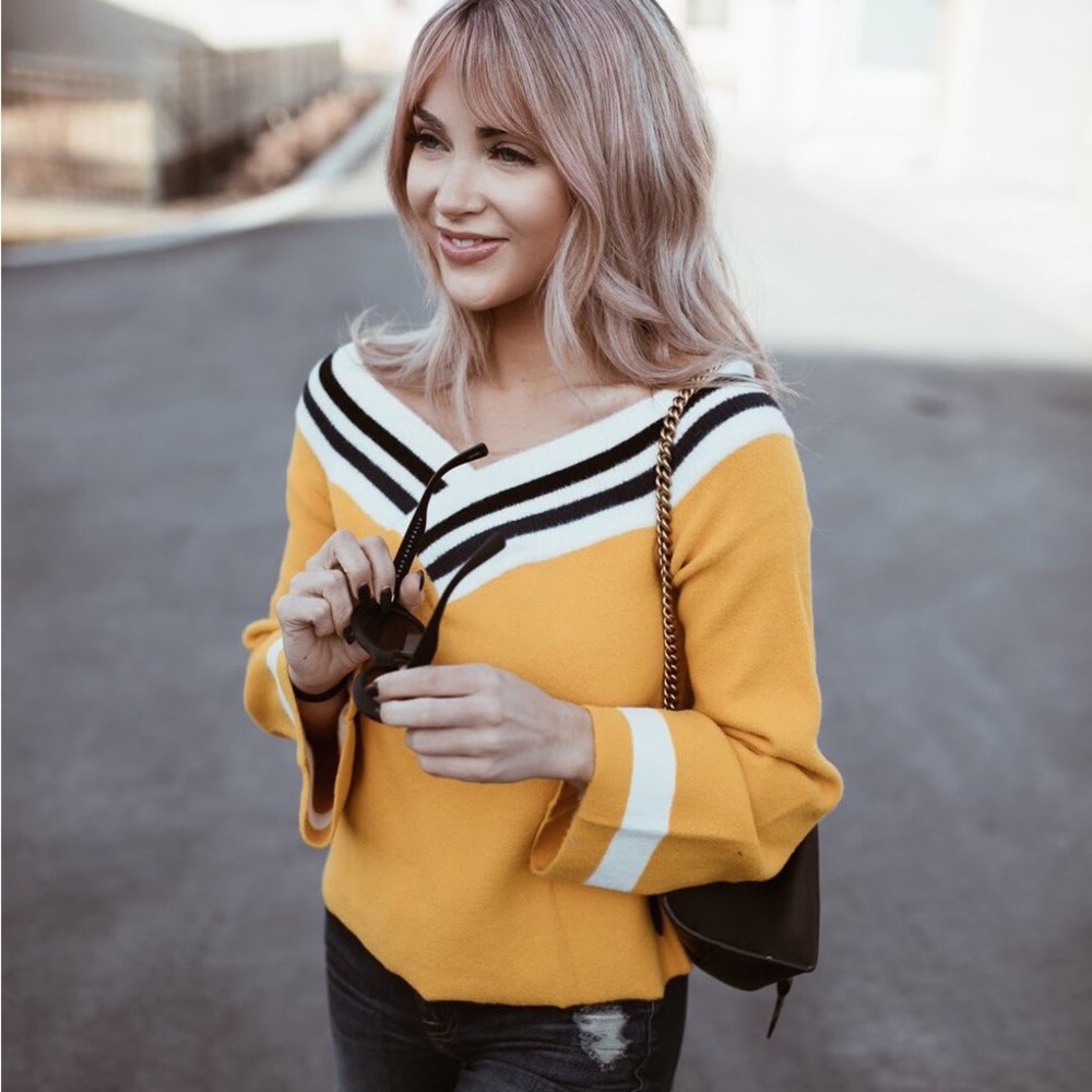 Off-the-Shoulder Yellow Striped Sweater